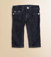 Thick, contrast stitching with neon bartacks, silvertone hardware and signature horseshoe pockets define this slim-fitting, dark wash pair.Front button closureAdjustable waistband with belt loopsZip flyFive-pocket styleCottonMachine washImported of domestic fabric