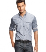 Are you armed with fresh style? This shirt from INC International Concepts ensures a fresh take on traditional shirting style with sleeve patterning and pocket details.