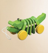 This adorable alligator dances and makes rhythmical click-clack sounds when pulled around.3.7W X 9.7H X 3.9DAbout 1.46lbsRubberwoodWipe with damp clothRecommended for 19 months and upImported