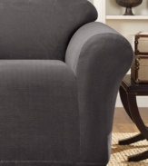 Fashionably modern with a subtle two-toned pattern, the Stretch Metro slipcover from Sure Fit makes updating furniture effortless! Its one-piece construction offers complete coverage that tucks neatly and stays securely in place.
