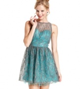 Delicate lace overlays an a-line dress of aquatic hue! Accented with sequins and a tulle hem, this frock from Ruby Rox is pretty, feminine and playful.