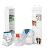 Create order! Take charge of your space with everything you need to sort, store and simply organize your room. Covering all the bases of a busy room, this comprehensive kit provides a place for dirty clothes, discarded shoes, folded garments and accessories. Limited lifetime warranty.