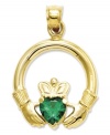 The luck O' the Irish in one charming piece. This Claddagh-shaped charm features a pretty heart-shaped green synthetic stone. Set in 14k gold. Chain not included. Approximate length: 1-3/10 inches. Approximate width: 4/5 inch.