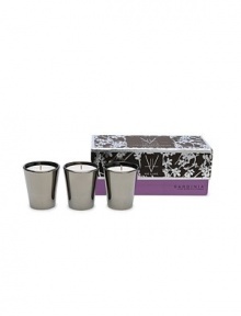 Experience the scent of white gardenia, karo karounde blossoms, crisp amaryllis and mediterranean cypress leaves. Created from all-natural beeswax combined with unique botanical waxes and the rarest and most seductive fine fragrance oils from around the world. Presented in nickel-finished glass. Burn time, 8 hours each. 1.5 oz. each. Experience the scent of white gardenia, karo karounde blossoms, crisp amaryllis and mediterranean cypress leaves. Created from all-natural beeswax combined with unique botanical waxes and the rarest and most seductive fine fragrance oils from around the world. Presented in nickel-finished glass. Burn time, 8 hours each. 1.5 oz. each.