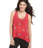 Flaunt your love of glitz in this top from Rampage that sports floral rhinestone accents and a scoop neck lined in bling!