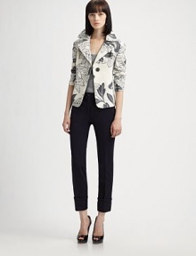 A graphic floral print pops this chic tailored style.Wide notched lapelsConcealed snap button closureCropped sleeves with vented cuffsFully linedAbout 19 from shoulder to hem90% cotton/10% polyesterDry cleanImported of Italian fabricModel shown is 5'9 (175cm) wearing US size 4. 