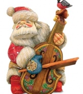 Sounds of the season. A robin sings backup as St. Nick takes to the strings in this exquisitely hand-painted figurine from DeBrekht. Elaborate carvings throughout render the collectible one of a kind.