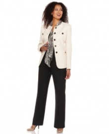 Kasper's latest suit is all about striking contrasts, featuring a printed scarf, a cream-hued jacket with glossy enamel and goldtone buttons and a pair of sleek, solid black pants.