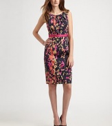 The perfect day-to-night sheath, rendered in brightly-colored, abstractly-printed stretch cotton.Pleated jewel necklineSleevelessContrast waistbandFully linedConcealed back zipAbout 29 from natural waist97% cotton/3% spandexDry cleanMade in USA of imported fabricModel shown is 5'10 (177cm) wearing US size 4.OUR FIT MODEL RECOMMENDS ordering true size. 