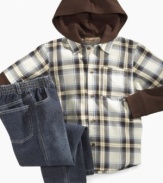 Outdoor play is fun and comfy in this cozy hooded shirt and jeans set from Kids Headquarters.