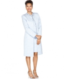 This elegant look from Tahari by ASL features tailored details as well as fun, feminine touches, like the sequin paillettes that bedeck the neckline of the jacket and top.
