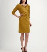 A sophisticated interpretation of classic peasant styling in rich stretch silk georgette with lavish tonal embroidery.Drawstring neckline with front and side keyholesEmbroidery on bodice and shouldersThree-quarter sleeves with tuxedo-pleated cuffsDrawstring waistPullover stylingFully linedAbout 38 from shoulder to hem92% silk/8% elastaneDry cleanImported