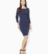 A ribbed cotton dress is made into a casual wardrobe staple with a chic boatneck and raglan sleeves, from Lauren Jeans Co.