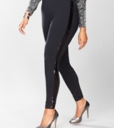 Who knew casual could be so glam? Sequins take the place of traditional tuxedo stripes on INC's plus size leggings.