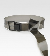 Wide, transparent belt with slip knot construction and a contrasting adjustable buckle closure. About 2½ widePVCImported of Italian materials