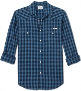 Lucky Brand takes the classic country Western notes-like snap fasteners and a pointed front yoke-and comes up with Riley, a plaid shirt that plays anywhere.