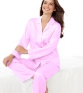 Classic style pairs with sublime comfort on these petite pajamas by Miss Elaine. The softest brushed back satin caresses your skin from the interior of this top and pajamas pants set.