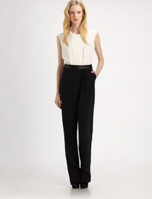 This silky bi-color style gives the clever illusion of perfectly paired separates.Jewel necklineSleevelessFront hook-and-eye closuresLeather belt with back closureBack welt pocketsFully linedAbout 69 longInseam, about 35SilkDry cleanImportedModel shown is 5'10 (177cm) wearing US size 4. This silky bi-color style gives the clever illusion of perfectly paired separates.Jewel necklineSleevelessFront hook-and-eye closuresLeather belt with back closureBack welt pocketsFully linedAbout 69 longInseam, about 35SilkDry cleanImportedModel shown is 5'10 (177cm) wearing US size 4.