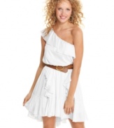 For a day ensemble that's pretty/tough, opt for this dress from XOXO! A faux-leather belt brings rugged style to a ruffled, one-shoulder frock!