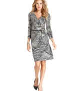 Tahari by ASL reinvigorates a herringbone motif with this exaggerated spin on the pattern, set on a sleek, belted silhouette.