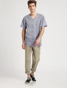 A more tailored vision of summer style, soft and easy cotton with tuxedo-style pegged legs. Side slash, back welt pocketsInseam, about 3296% cotton/4% LycraDry cleanMade in USA