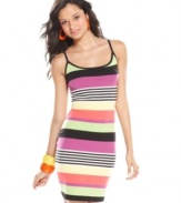 Get right in stripes! The season's most effortless style of dress get a tropical lift with bold hues and a timeless print. From Planet Gold.