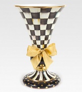 Showcase your favorite flowers in this fresh flared vase rendered in handmade and hand-painted ceramic and finished with golden accents and a dramatic grosgrain bow.From the Courtly Check collectionCeramic with golden lustre12¼H x 8 diam.Hand washMade in USA