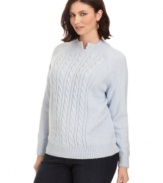Pearl closures lend a polished finish to Karen Scott's long sleeve plus size sweater, accented by a cable front.