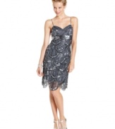 Shine like a star in this sultry spaghetti-strap gown by Jump --shimmery sequins a and scalloped hemline create a marvelous combination!