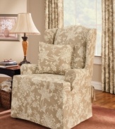 A floral update upon classic cotton, the printed Verona slipcover from Sure Fit provides any style furniture with a sleek, draped look. Back elastic and inner pleating reduces the need for tucking, leaving an elegant finish. Decorative pillow cover sold separately.