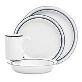 Tasteful and tailored blue banded dinnerware inspired by the unique Copenhagen neighborhood of Christianshaven from Dansk. Dinner plate is 10.125 in diameter. Salad plate is 8.625 in diameter. Bowl and mug hold 12 oz. and 9 oz., respectively.