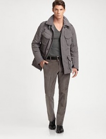 This sophisticated pant is tailored in a trim silhouette of soft stretch corduroy with a slim, straight leg for a distinguished look.Flat-front styleSide slash, back welt pocketsInseam, about 3498% cotton/2% elastaneDry cleanMade in Italy This sophisticated pant is tailored in a trim silhouette of soft stretch corduroy with a slim, straight leg for a distinguished look.Flat-front styleSide slash, back welt pocketsInseam, about 3498% cotton/2% elastaneDry cleanMade in Italy
