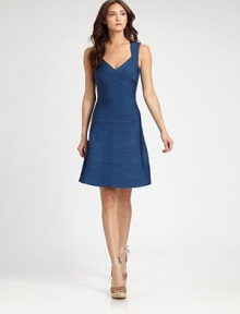 This sleek, flirty style features an alluring V neckline and a feminine, flared hem.V necklineShoulder strapsBandage constructionBack cutout detailBack zipAbout 22 from natural waist90% rayon/9% nylon/1% spandexDry cleanImportedModel shown is 5'11 (180cm) wearing US size Small. 