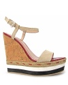 City chic meets sporty staple on plenty by tracy reese's Tess wedges, combining soft suede with slick patent and finished with earthy cork--a striped trim at the sole lends graphic punch.
