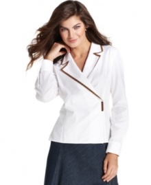 Pep up your wardrobe with Jones New York Signature's crisp wrap top. Contrasting trim and a chic wrap-front closure with hardware makes it perfect for autumn. Pep up your wardrobe with Jones New York Signature's crisp wrap top. Contrasting trim and a chic wrap-front closure with hardware makes it perfect for autumn.