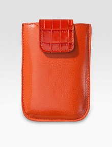 This trim, sleek case in hand-crafted leather is specially designed to accomodate a variety of smart phones, including BlackBerry. Secured by a croco-embossed leather snap tab, and lined in chamois cloth.Fits iPhone 3, 4 most smart phone and BlackBerry modelsLeather3¾W X 5¼HMade in USA This trim, sleek case in hand-crafted leather is specially designed to accomodate a variety of smart phones, including BlackBerry. Secured by a croco-embossed leather snap tab, and lined in chamois cloth.Fits iPhone 3, 4 most smart phone and BlackBerry modelsLeather3¾W X 5¼HMade in USA
