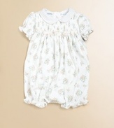 An adorable shortall designed in a comfortable bubble silhouette from soft cotton jersey.Peter Pan collar with lace trimShort sleeves with elasticized, embroidered cuffsSmocked bodiceBack buttonsHidden bottom snapsPima cottonMachine washImported Please note: Number of buttons/snaps may vary depending on size ordered. 