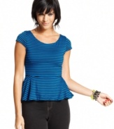 From the eye-catching stripes and exposed back zipper, to the flattering peplum design -- so many reasons to obsess over this top from Material Girl!