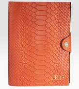 This python-embossed, leather-bound notebook with a snap-tab closure is perfect for everyday note-taking, list-making or journal-writing.LeatherIncludes 176 perforated, lined pagesAbout 5.5 X 7.5Made in USAFOR PERSONALIZATION Select a quantity, then scroll down and click on PERSONALIZE & ADD TO BAG to choose and preview your personalization options. Please allow 1 week for delivery.