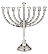 Stick with tradition. This silver-plated menorah features a classic silhouette and brilliant polish to enhance all eight nights of Hanukkah. From Lighting by Design.