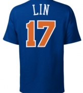 Capture Linsanity with this sporty graphic tee featuring New York Knicks' Jeremy Lin. From Majestic Apparel.