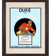 A classic Carolina rivalry came to a head in 1932 with a big 7-0 win by the Blue Devils. Get fired up for today's match-ups with the game's restored Carolina-blue program cover. With a cherry-finished frame and cream and black mat.
