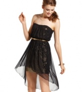 Dark mesh overlays a minidress of shimmering, metallic sequins! Finished with a skinny belt, this high-low frock from Teeze Me totally shines!