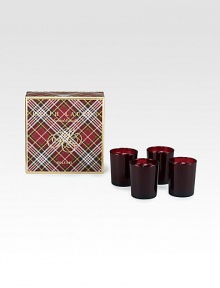 Festive, fragrant votive candles scented with notes of red currant, evergreen and juniper, for a home-for-the-holidays feel.4-piece setGlassSoy blend waxAbout 1 oz. eachMade in USA Festive, fragrant votive candles scented with notes of red currant, evergreen and juniper, for a home-for-the-holidays feel.4-piece setGlassSoy blend waxAbout 1 oz. eachMade in USA