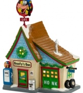 Mickey, Daisy and Donald always top off their tanks at Goofy's Gas, a full-service station offering oil changes, tires, candy and laughs. Goofy takes decorating seriously, trimming the place with a festive wreath and garland.