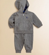 Rendered in luxuriously soft cotton, a hooded sweatshirt and matching athletic pant provide the perfect pairing for lounge or play. Sweatshirt Attached hoodLong sleevesFull-zip frontSplit kangaroo pocketsRibbed hem Sweatpants Elastic waistband with drawstringRibbed hemCottonMachine washImported