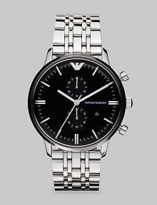 Polished perfection for the gentleman of style in striking stainless steel with a black dial.Round bezelQuartz movementWater resistant to 5ATMDate function at 4Second handStainless steel case: 43mm(1.69)Stainless steel braceletImported