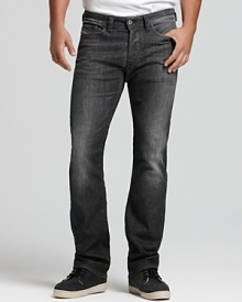 Diesel creates cool grey jeans, featuring straight legs and a low rise for tenacious weekend style.