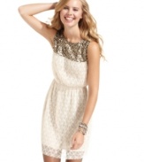 What a girl wants: a party dress that sparkles and shines. Mimi Chica's sleeveless frock steals the spotlight with its dainty lace fabric and sequin accents.