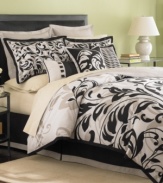 Modern elegance. In a chic, neutral palette, Martha Stewart Collection offers a look of contemporary beauty to your space with a graceful scroll motif in this Ink Scroll comforter set. Pair with the coordinating decorative pillow completer set for a truly exceptional presentation.
